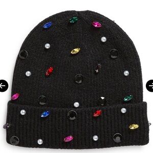 NWT Tasha X Nordstroms Embellished Black Beanie with Color Gems - Fleece Lined